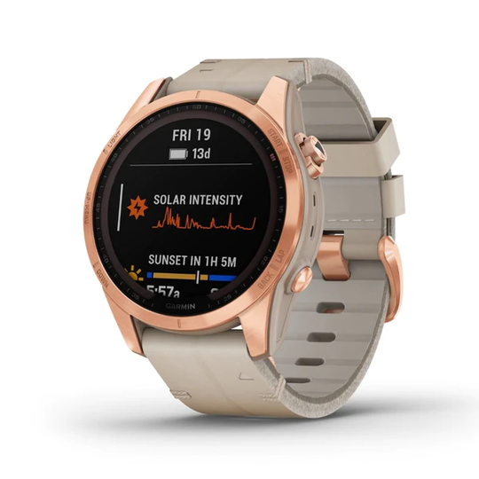 Garmin Fenix 7S Sapphire Solar, ruusukulta titaani ja kalkkikiven värinen nahkaranneke sekä silikoniranneke 010-02539-35