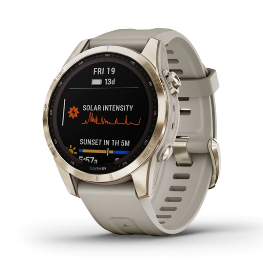 Garmin Fenix 7S Sapphire Solar, vaalea kulta ja vaalean hiekan värinen ranneke 010-02539-21