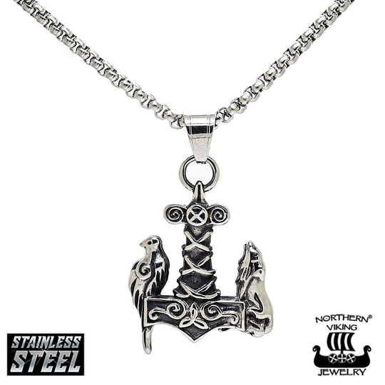 Northern Viking Jewelry Raven Wof Thor's Hammer -kaulakoru NVJRS065