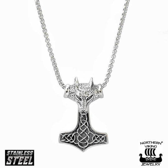Northern Viking Jewelry Fenrir Wolfhead Thor´s Hammer -kaulakoru NVJRS052 50cm