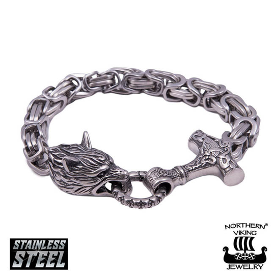 Northern Viking Jewelry Byzantine Thor's Hammer Wolf Head -rannekoru NVJRA016